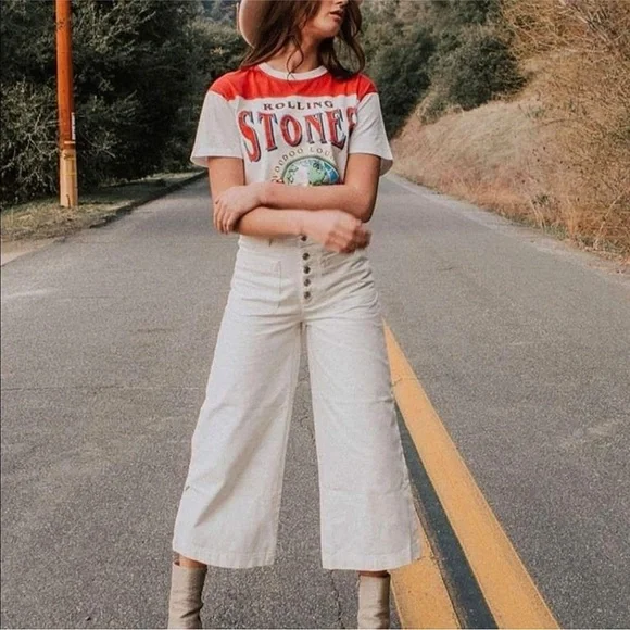 FREE PEOPLE Colette Wide Leg Culottes button fly white cropped jeans size 30 - Picture 15 of 16